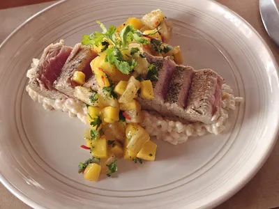 Seared Tuna with Mango-Pineapple Salsa and Risotto